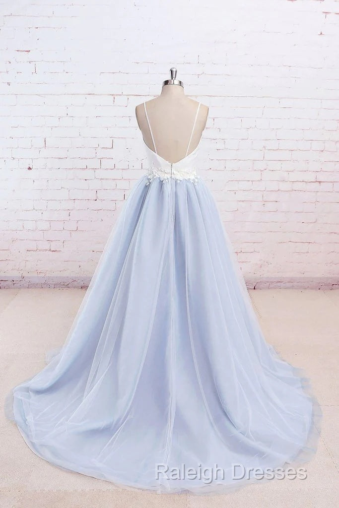 Beautiful Light Blue Tulle And White Top Long Wedding Party Gowns, Straps Junior Prom Dress