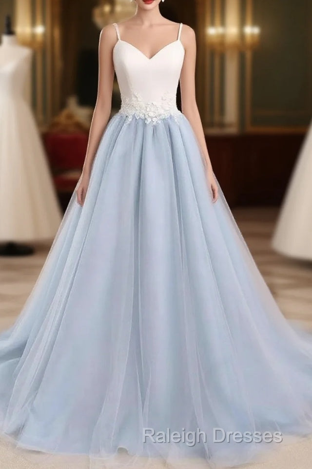 Beautiful Light Blue Tulle And White Top Long Wedding Party Gowns, Straps Junior Prom Dress Main image