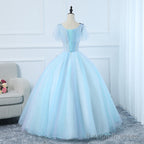 Beautiful Light Blue Tulle Long Prom Dress, Ball Gown Blue Sweet 16 Dresses