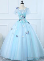 Beautiful Light Blue Tulle Long Prom Dress, Ball Gown Blue Sweet 16 Dresses