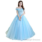Beautiful Light Blue Tulle Off Shoulder Ball Gown Sweet 16 Gown, Blue Formal Gown