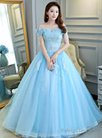 Beautiful Light Blue Tulle Off Shoulder Ball Gown Sweet 16 Gown, Blue Formal Gown