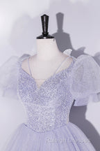 Beautiful Light Blue Tulle Sequins Prom Dresses Scoop Neck Short Sleeve Puffy Floor-Length Prom Dresses