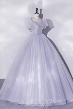 Beautiful Light Blue Tulle Sequins Prom Dress, Scoop Neck Short Sleeve Puffy Floor-Length Evening Dress