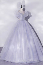 Beautiful Light Blue Tulle Sequins Prom Dresses Scoop Neck Short Sleeve Puffy Floor-Length Prom Dresses