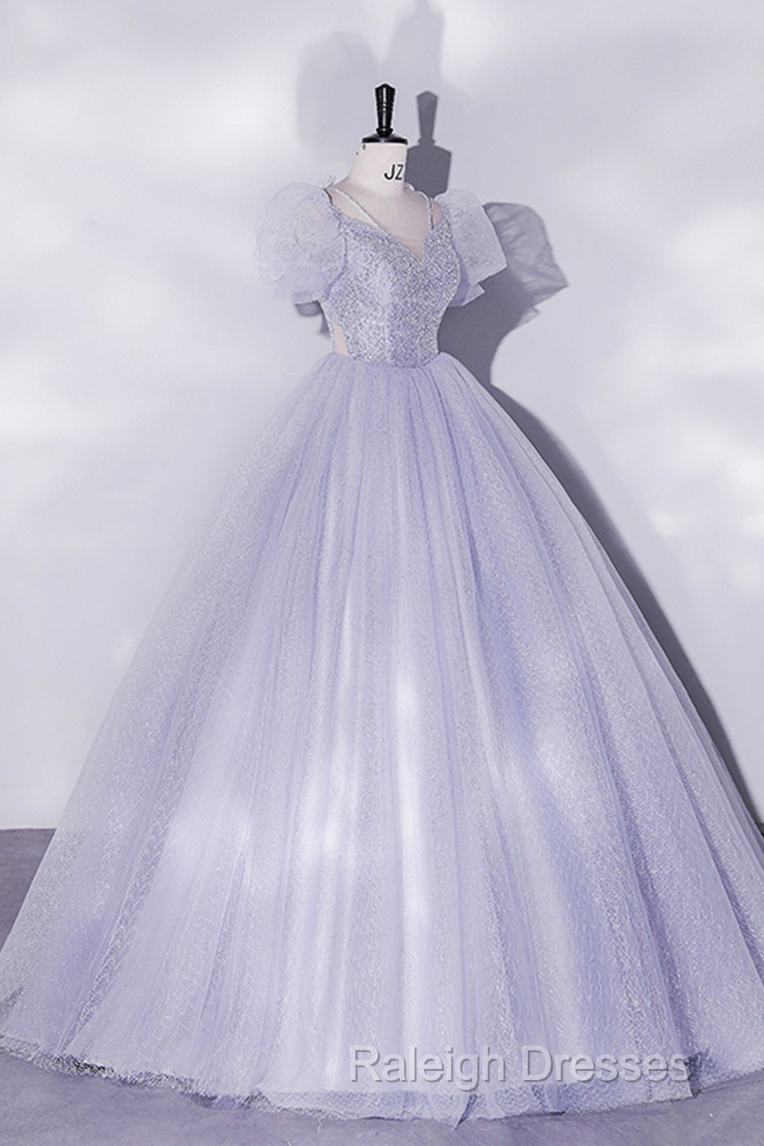Beautiful Light Blue Tulle Sequins Prom Dresses Scoop Neck Short Sleeve Puffy Floor-Length Prom Dresses