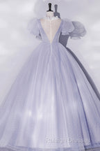 Beautiful Light Blue Tulle Sequins Prom Dresses Scoop Neck Short Sleeve Puffy Floor-Length Prom Dresses