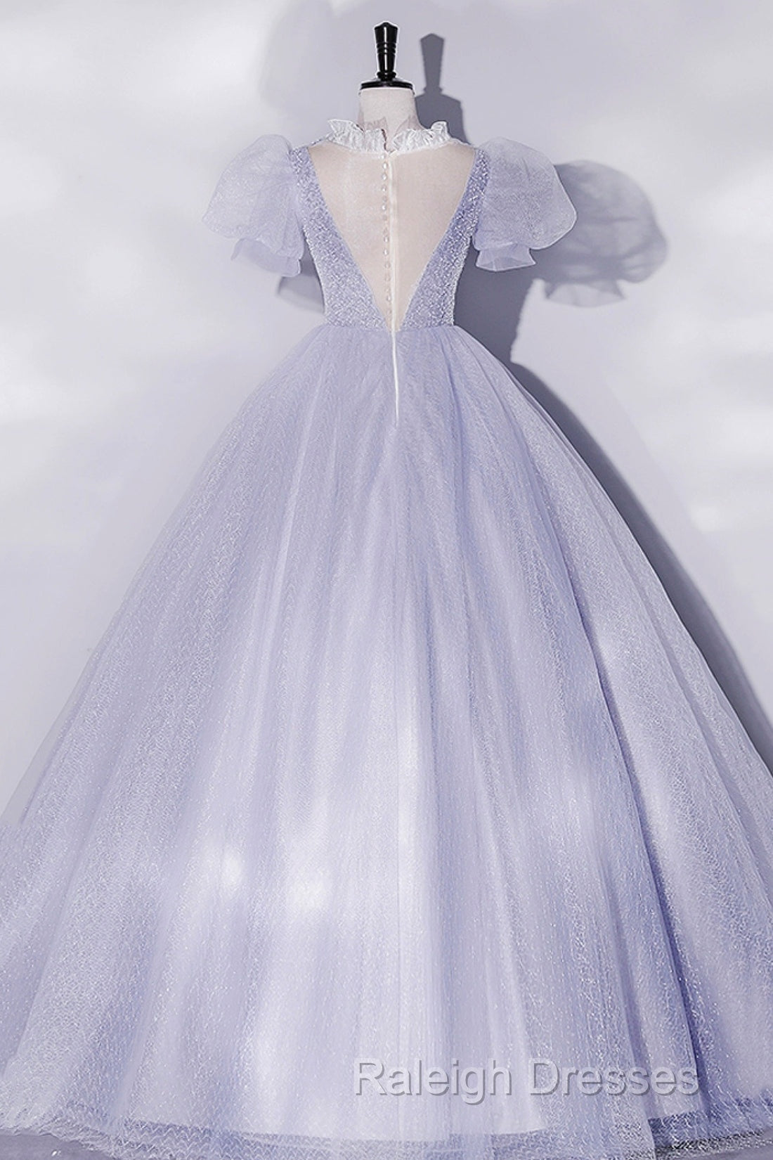 Beautiful Light Blue Tulle Sequins Prom Dresses Scoop Neck Short Sleeve Puffy Floor-Length Prom Dresses