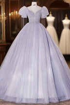 Beautiful Light Blue Tulle Sequins Prom Dress, Scoop Neck Short Sleeve Puffy Floor-Length Evening Dress