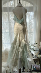 Beautiful Light Blue V-neck Ruffled Beaded Chiffon Mermaid Long Prom Dress