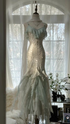 Beautiful Light Blue V-neck Ruffled Beaded Chiffon Mermaid Long Prom Dress