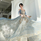 Beautiful Light Blue V-Neckline Long Lace Applique Formal Dress, Blue Evening Gown