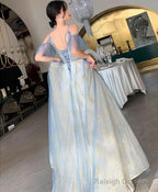 Beautiful Light Blue V-Neckline Long Lace Applique Formal Dress, Blue Evening Gown