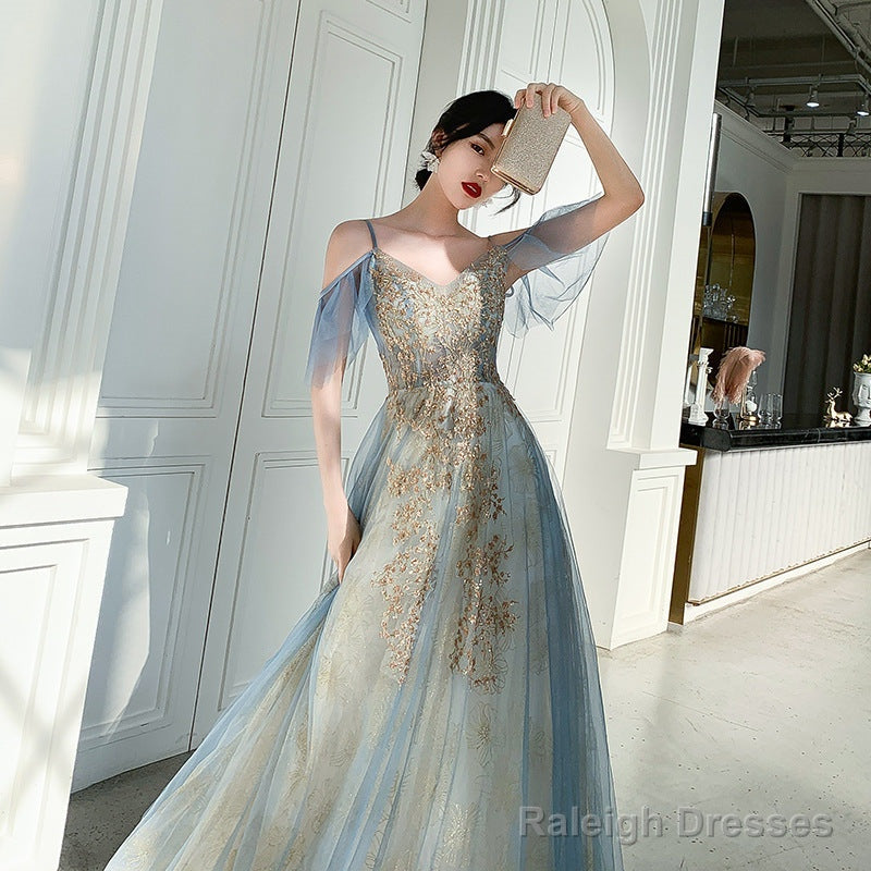 Beautiful Light Blue V-Neckline Long Lace Applique Formal Dress, Blue Evening Gown