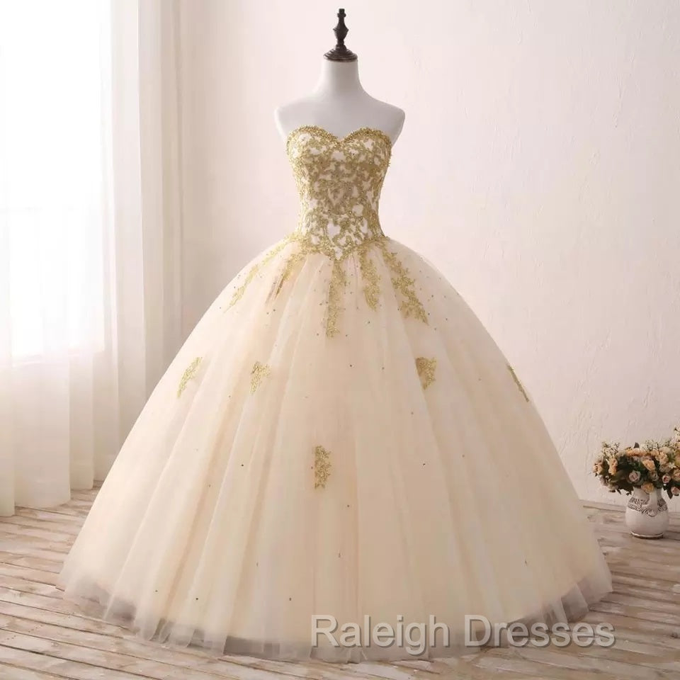 Beautiful Light Champagne Ball Gown Party Dress, Sweet 16 Dress With Gold Applique Secondary image
