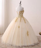 Beautiful Light Champagne Ball Gown Party Dress, Sweet 16 Dress With Gold Applique