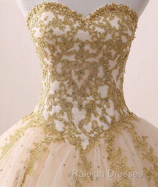 Beautiful Light Champagne Ball Gown Party Dress, Sweet 16 Dress With Gold Applique