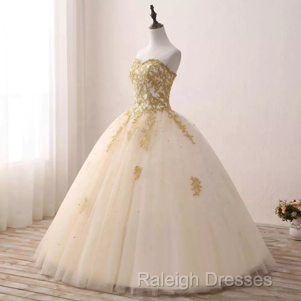 Beautiful Light Champagne Ball Gown Party Dress, Sweet 16 Dress With Gold Applique
