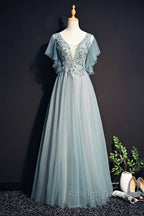 Beautiful Light Green Tulle Long Party Dress, Green Lace Low Back Prom Dress Evening Dress