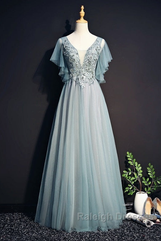 Beautiful Light Green Tulle Long Party Dress, Green Lace Low Back Prom Dress Evening Dress