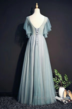 Beautiful Light Green Tulle Long Party Dress, Green Lace Low Back Prom Dress Evening Dress