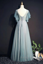 Beautiful Light Green Tulle Long Prom Dresses Green Lace Low Back Prom Dresseses
