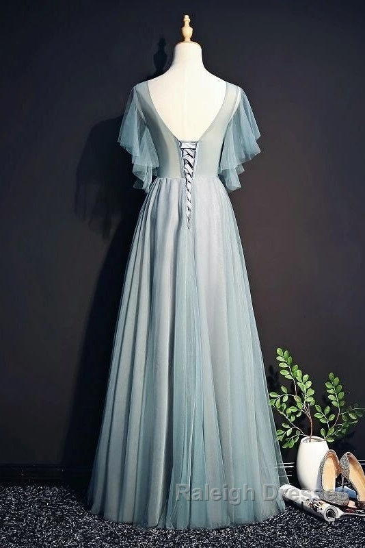 Beautiful Light Green Tulle Long Prom Dresses Green Lace Low Back Prom Dresseses
