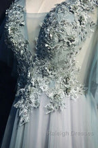 Beautiful Light Green Tulle Long Prom Dresses Green Lace Low Back Prom Dresseses