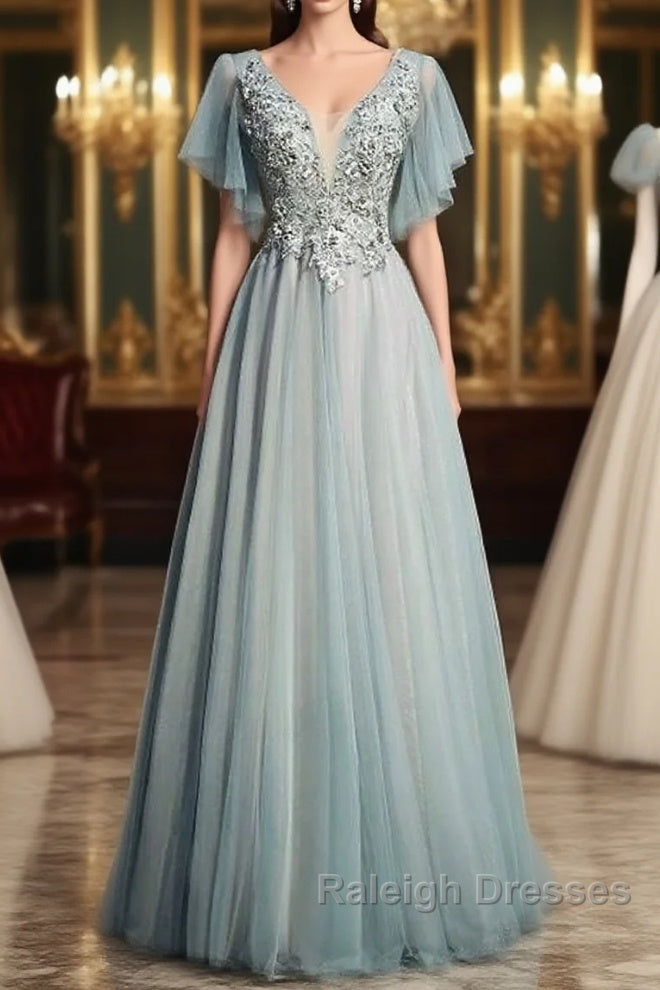 Beautiful Light Green Tulle Long Party Dress, Green Lace Low Back Prom Dress Evening Dress Main image