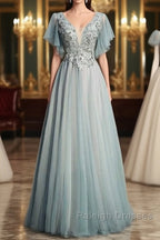 Beautiful Light Green Tulle Long Party Dress, Green Lace Low Back Prom Dress Evening Dress