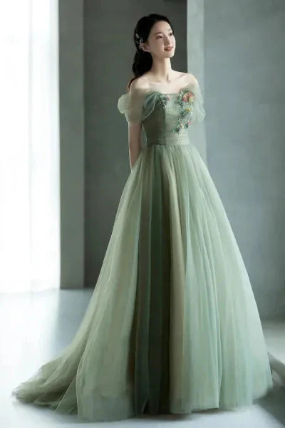 Green Beautiful Charming Floral Applique Tulle Long Formal Prom Dress,Evening Dress,Party Dress