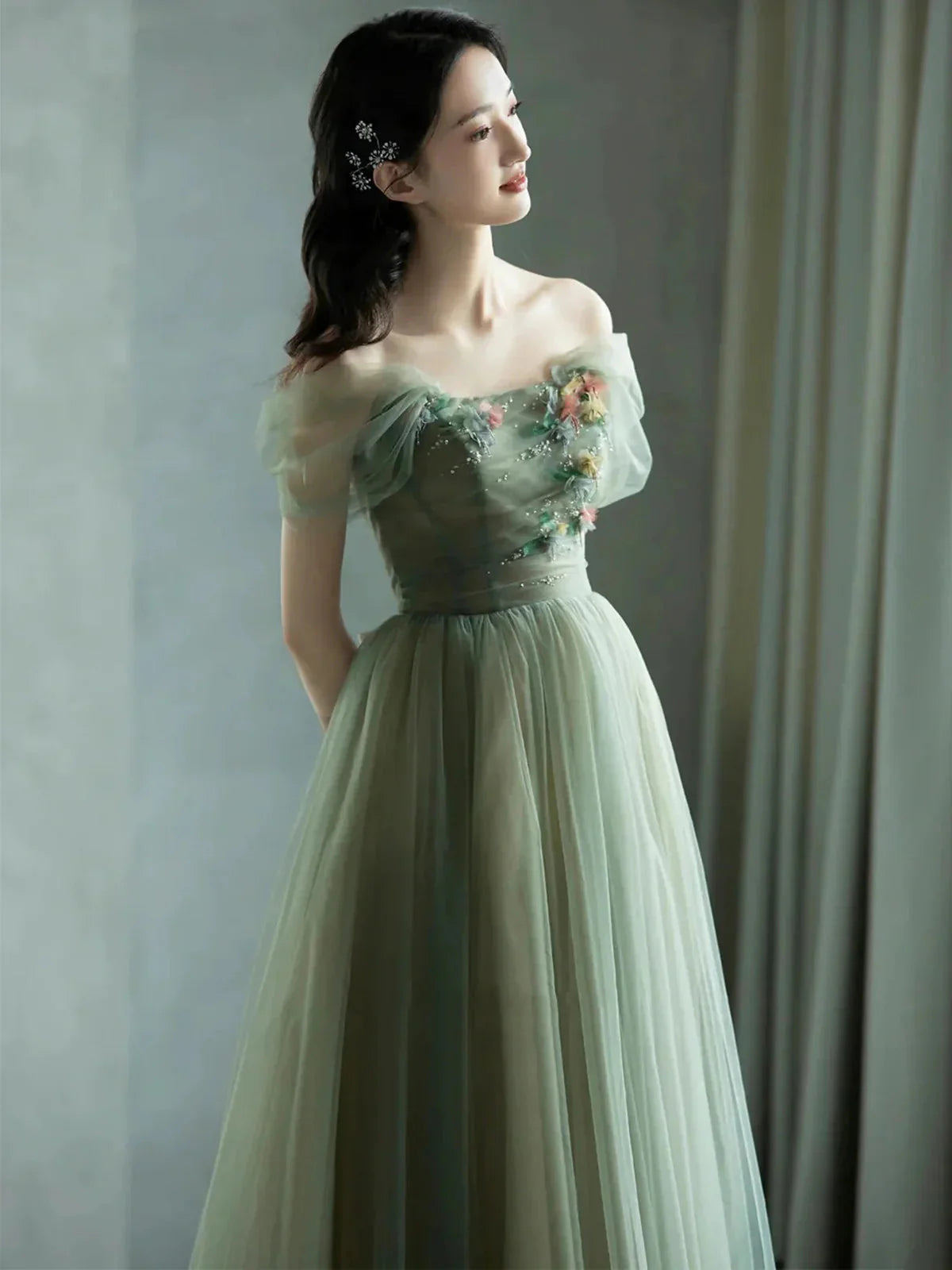 Green Beautiful Charming Floral Applique Tulle Long Formal Prom Dress,Evening Dress,Party Dress