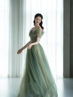 Green Beautiful Charming Floral Applique Tulle Long Formal Prom Dress,Evening Dress,Party Dress