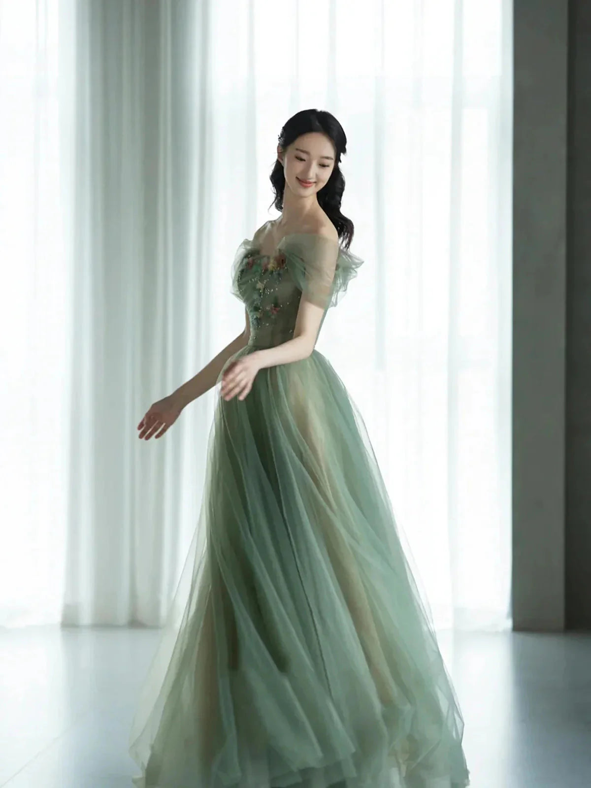 Green Beautiful Charming Floral Applique Tulle Long Formal Prom Dress,Evening Dress,Party Dress