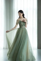 Green Beautiful Charming Floral Applique Tulle Long Formal Prom Dress,Evening Dress,Party Dress