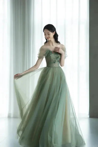 Green Beautiful Charming Floral Applique Tulle Long Formal Prom Dress,Evening Dress,Party Dress