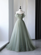 Green Beautiful Charming Floral Applique Tulle Long Formal Prom Dress,Evening Dress,Party Dress