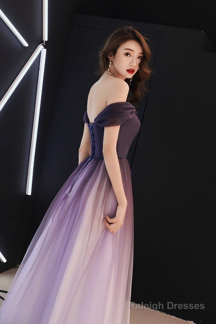 Beautiful Light Purple Gradient Tulle Long Formal Dress, Off Shoulder Prom Dress