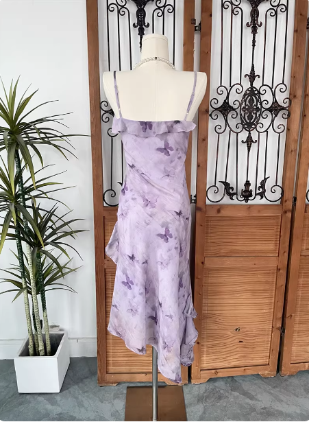 Beautiful Light Purple Spaghetti Strap Butterfly Printed Chiffon Formal Prom Dress