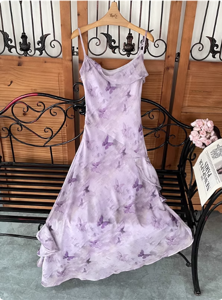 Beautiful Light Purple Spaghetti Strap Butterfly Printed Chiffon Formal Prom Dress