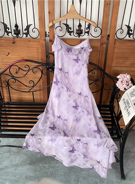 Beautiful Light Purple Spaghetti Strap Butterfly Printed Chiffon Formal Prom Dress