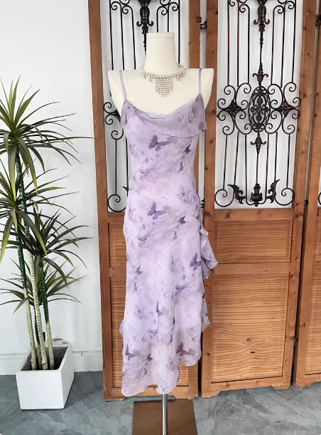Beautiful Light Purple Spaghetti Strap Butterfly Printed Chiffon Formal Prom Dress Main image