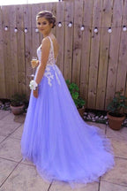 Beautiful Light Purple Tulle Dresses White Lace And Lavender Prom Dresses