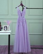 Beautiful Light Purple Tulle Long Prom Gowns A-Line V-Neckline Prom Dresses
