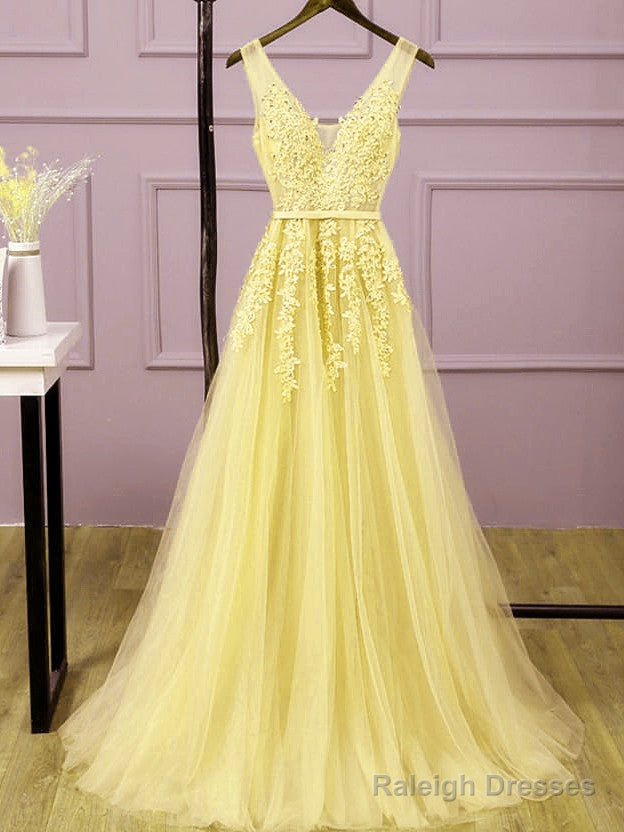 Beautiful Light Yellow Tulle Long Party Dress, A-Line Prom Dress Evening Gowns Main image