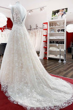 Beautiful Long A Line Lace Appliques Tulle Open Back Wedding Dress