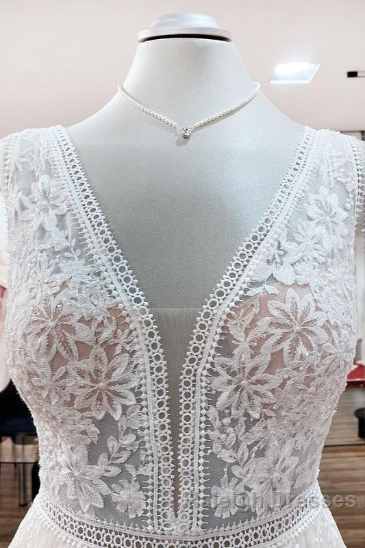 Beautiful Long A Line Lace Appliques Tulle Open Back Wedding Dress