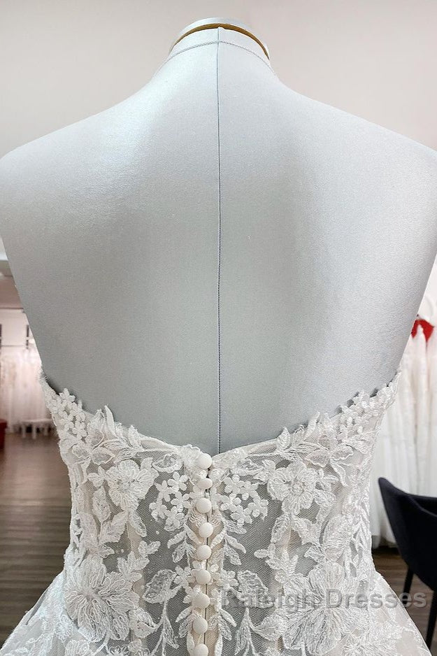 Beautiful Long A Line Strapless Tulle Ivory Wedding Dresses with Appliques Lace