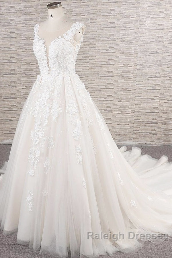 Beautiful Long A Line Tulle Lace Appliques Backless Wedding Dresses