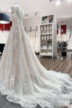 Beautiful Long A Line Tulle Lace V Neck Open Back Wedding Dress